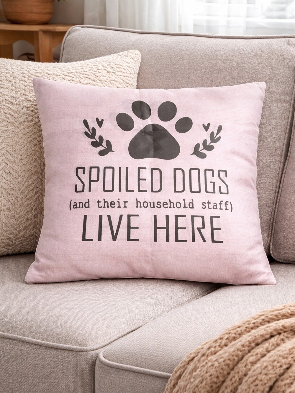 Spoiled Dogs Beige/Pink Decorative Pillow Case 16x16
